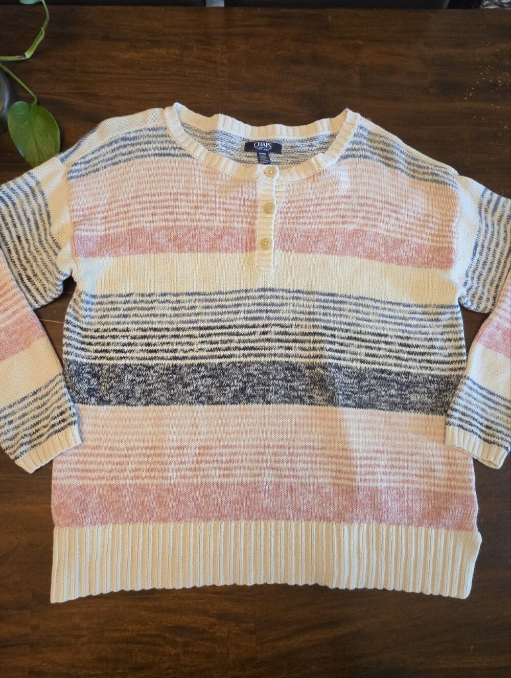 Chaps Striped Knit Henley Sweater Medium Pink Blue Cream Linen Cotton Blend